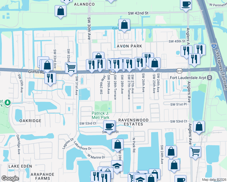 map of restaurants, bars, coffee shops, grocery stores, and more near 5020 Southwest 29th Avenue in Fort Lauderdale