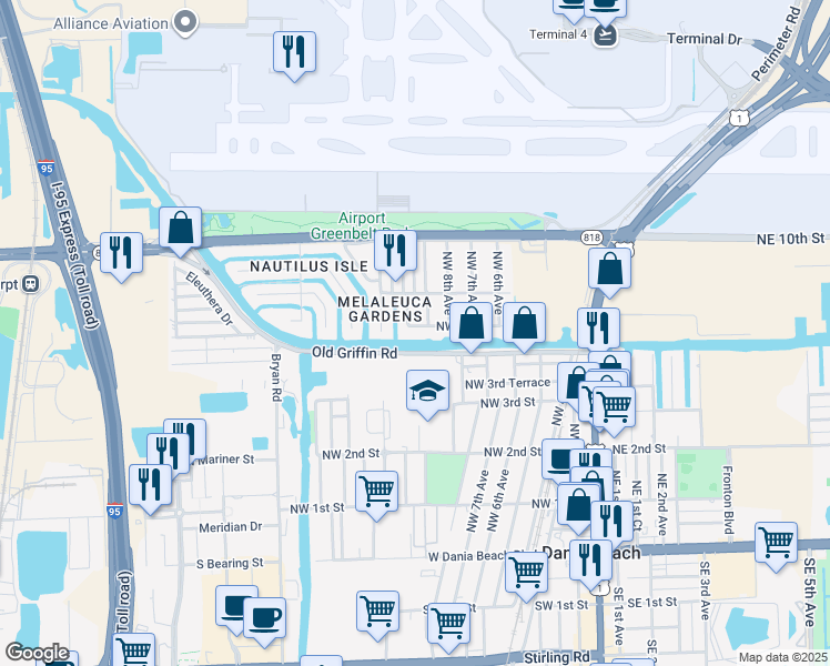 map of restaurants, bars, coffee shops, grocery stores, and more near 709 Northwest 10th Avenue in Dania Beach