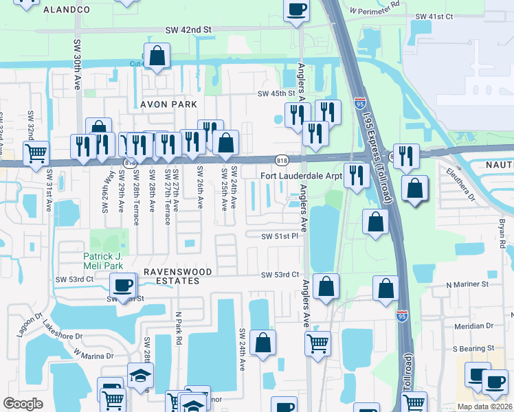map of restaurants, bars, coffee shops, grocery stores, and more near 4976 Leeward Lane in Fort Lauderdale