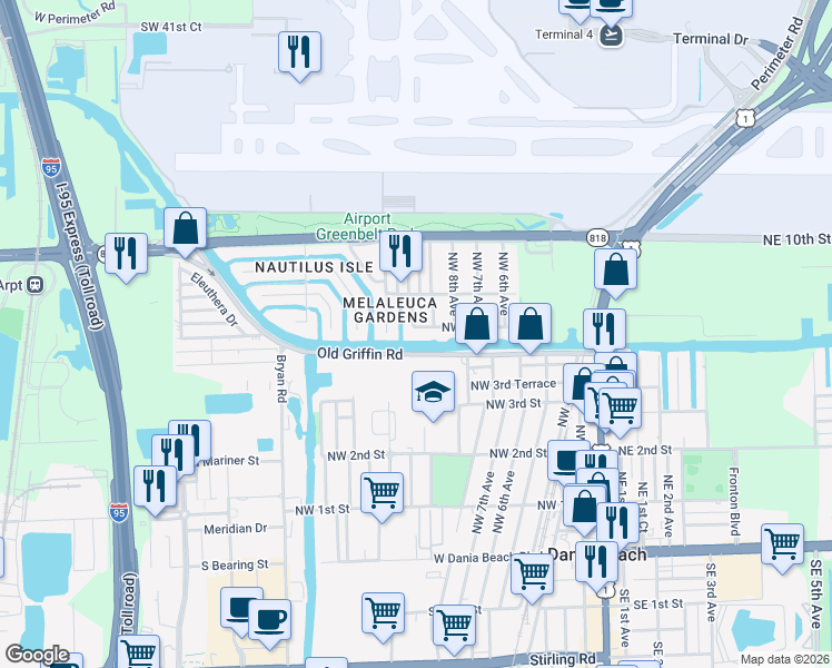 map of restaurants, bars, coffee shops, grocery stores, and more near 709 Northwest 10th Avenue in Dania Beach