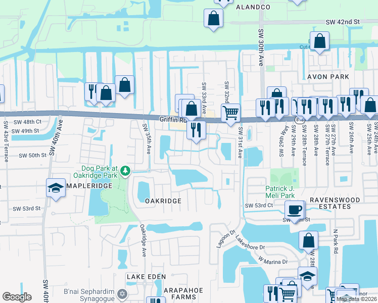 map of restaurants, bars, coffee shops, grocery stores, and more near 5012 Southwest 33rd Avenue in Fort Lauderdale