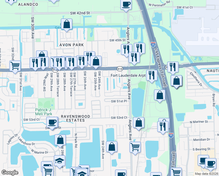 map of restaurants, bars, coffee shops, grocery stores, and more near 4976 Leeward Lane in Fort Lauderdale