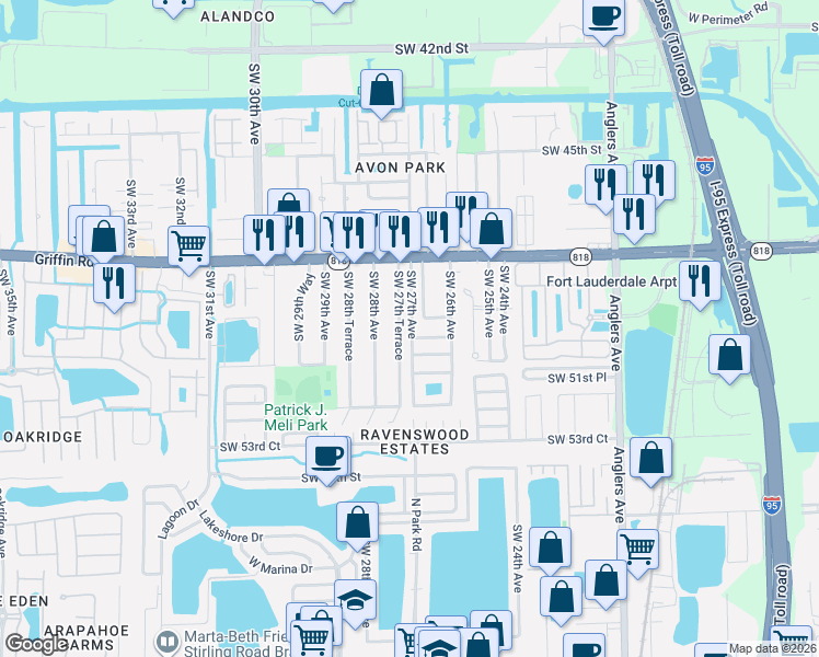 map of restaurants, bars, coffee shops, grocery stores, and more near 5063 Southwest 27th Avenue in Fort Lauderdale