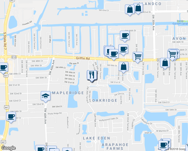 map of restaurants, bars, coffee shops, grocery stores, and more near 5027 Southwest 35th Way in Fort Lauderdale