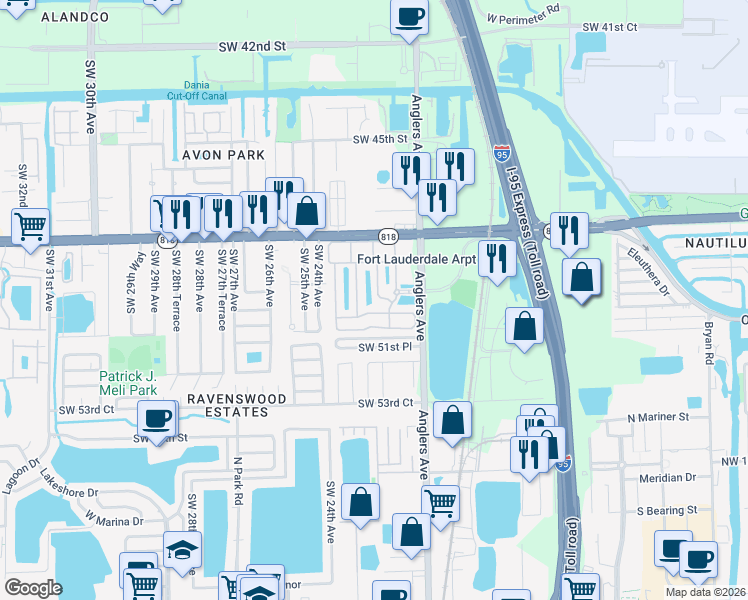 map of restaurants, bars, coffee shops, grocery stores, and more near 2250 Anchor Court in Fort Lauderdale