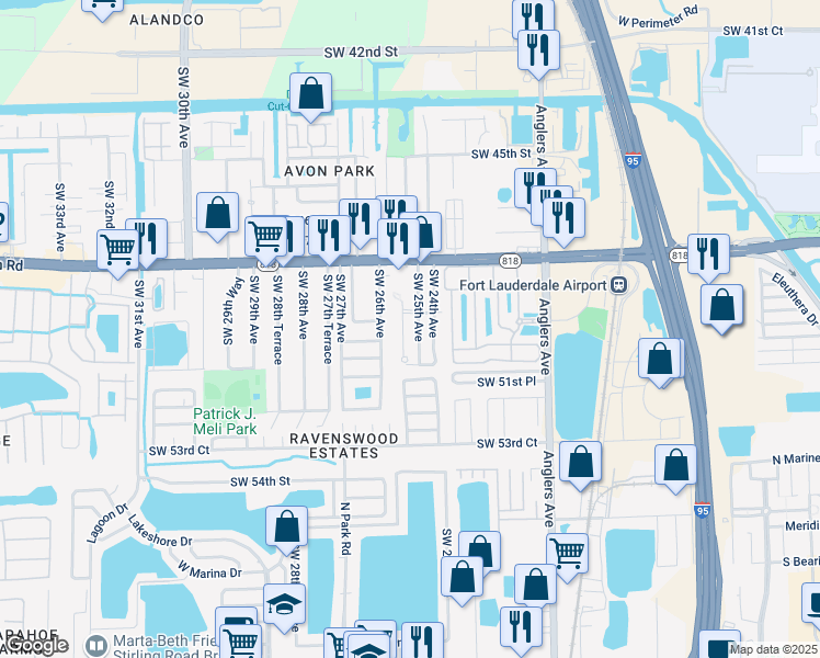 map of restaurants, bars, coffee shops, grocery stores, and more near 4991 Southwest 25th Avenue in Fort Lauderdale