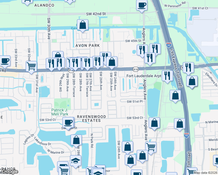 map of restaurants, bars, coffee shops, grocery stores, and more near 4991 Southwest 25th Avenue in Fort Lauderdale
