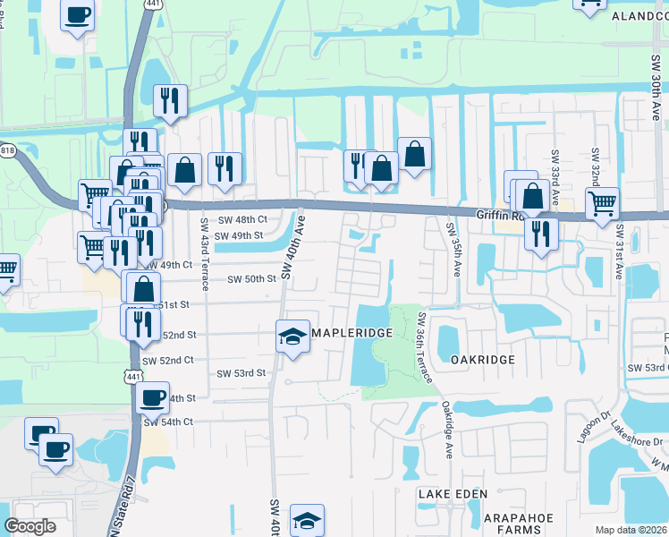 map of restaurants, bars, coffee shops, grocery stores, and more near 3808 Southwest 50th Court in Fort Lauderdale