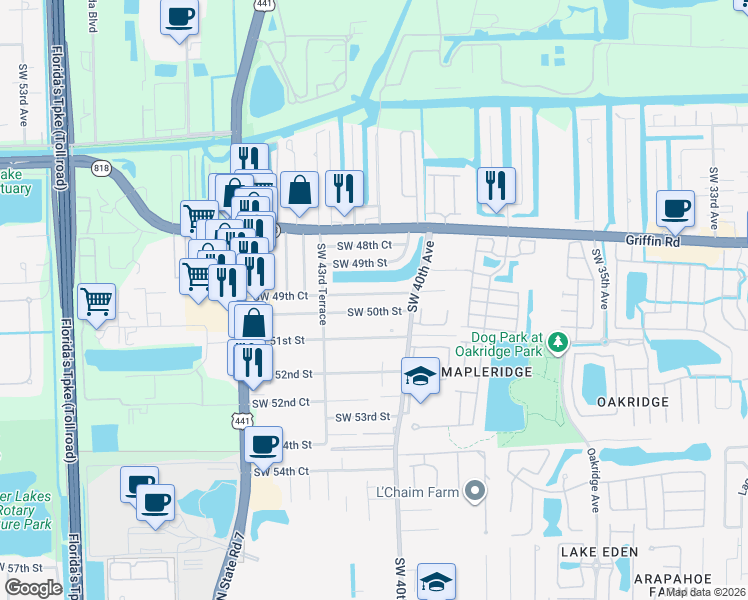 map of restaurants, bars, coffee shops, grocery stores, and more near 4154 Southwest 50th Street in Fort Lauderdale