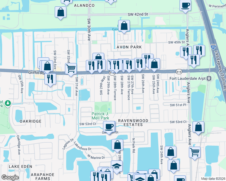 map of restaurants, bars, coffee shops, grocery stores, and more near 5020 Southwest 29th Avenue in Fort Lauderdale