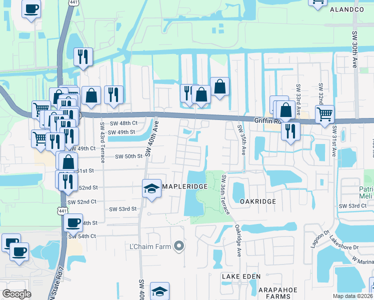 map of restaurants, bars, coffee shops, grocery stores, and more near 3808 Southwest 50th Court in Fort Lauderdale