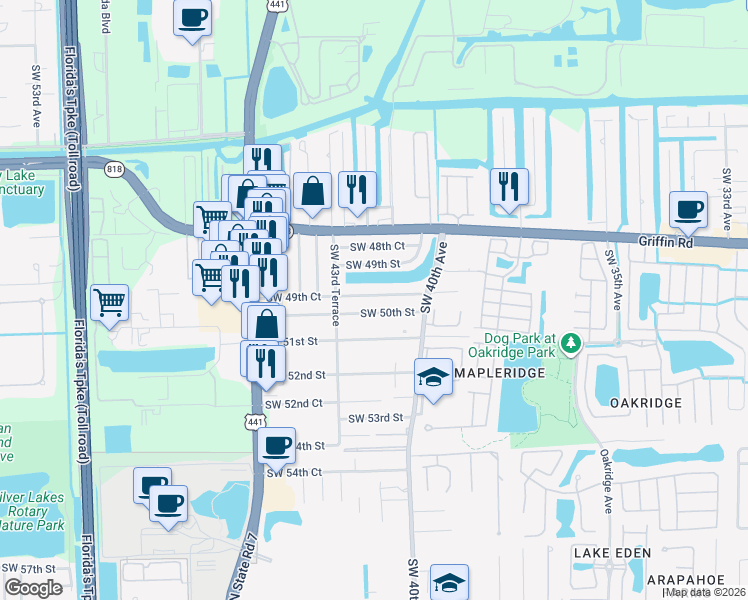 map of restaurants, bars, coffee shops, grocery stores, and more near 4154 Southwest 50th Street in Fort Lauderdale