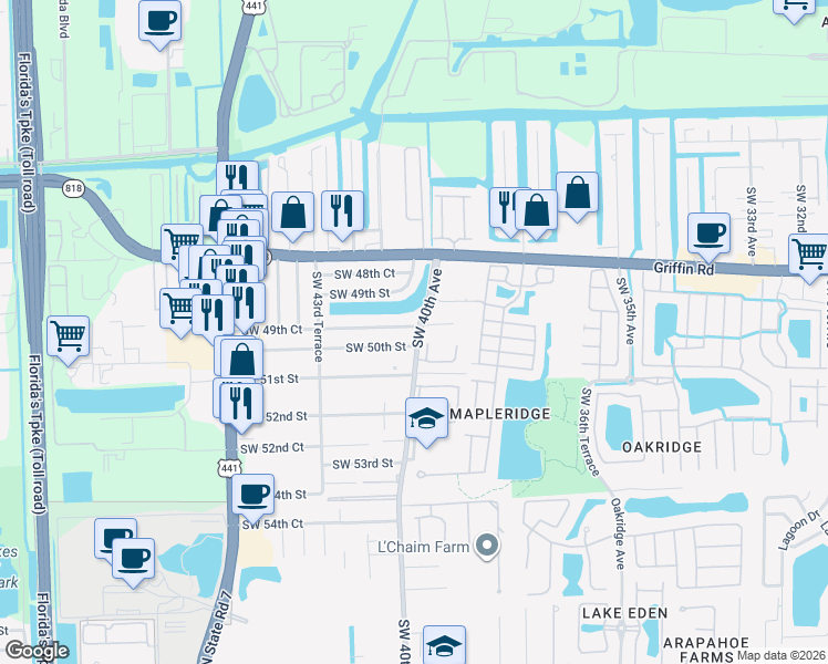 map of restaurants, bars, coffee shops, grocery stores, and more near 4020 Southwest 50th Street in Fort Lauderdale
