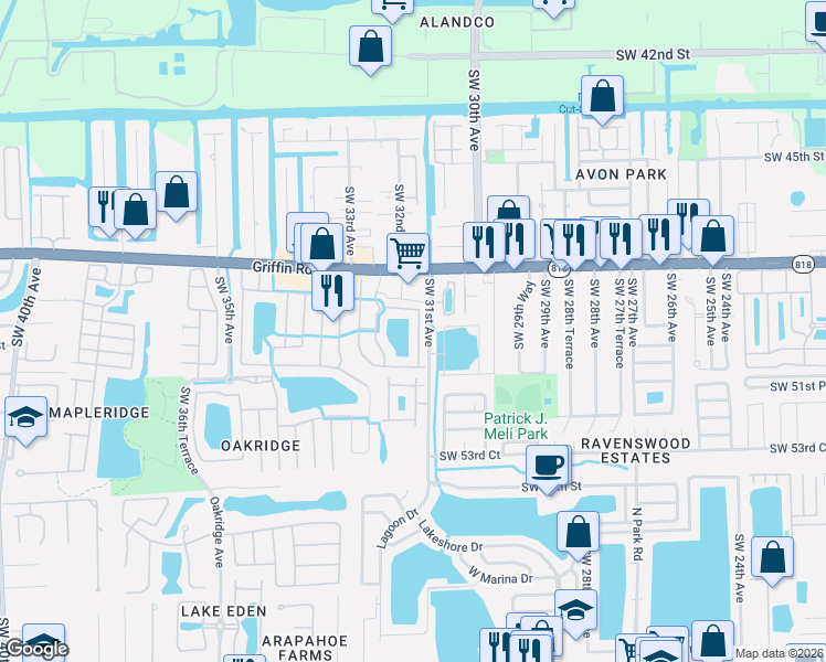 map of restaurants, bars, coffee shops, grocery stores, and more near 3169 Southwest 50th Street in Fort Lauderdale