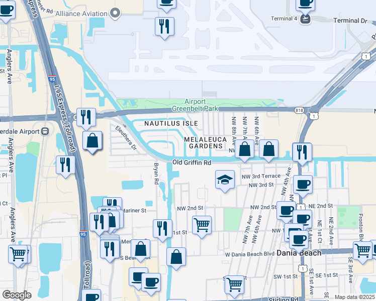 map of restaurants, bars, coffee shops, grocery stores, and more near 3151 Griffin Road in Dania Beach