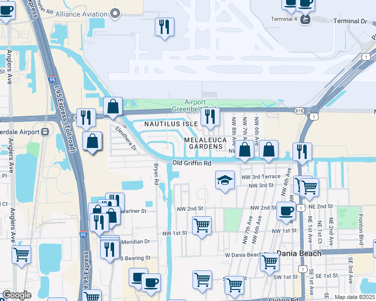 map of restaurants, bars, coffee shops, grocery stores, and more near 3151 Griffin Road in Dania Beach