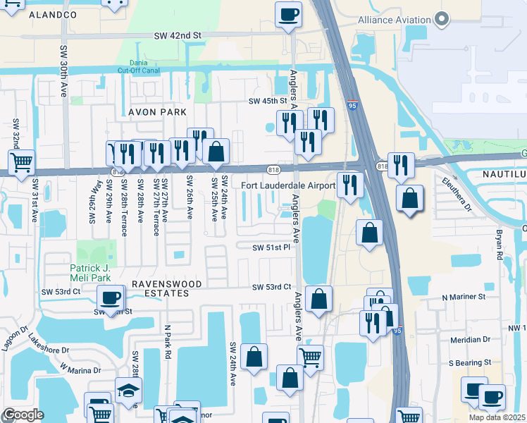 map of restaurants, bars, coffee shops, grocery stores, and more near 2250 Anchor Court in Fort Lauderdale