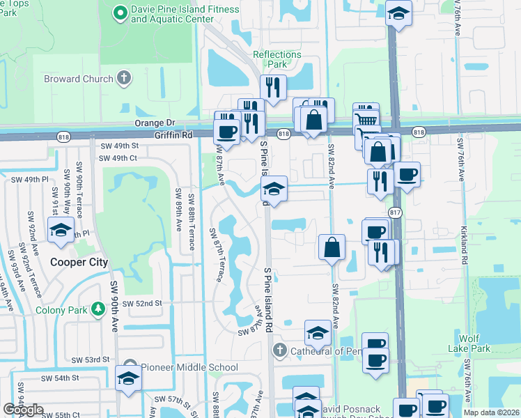 map of restaurants, bars, coffee shops, grocery stores, and more near 8674 Southwest 51st Street in Cooper City
