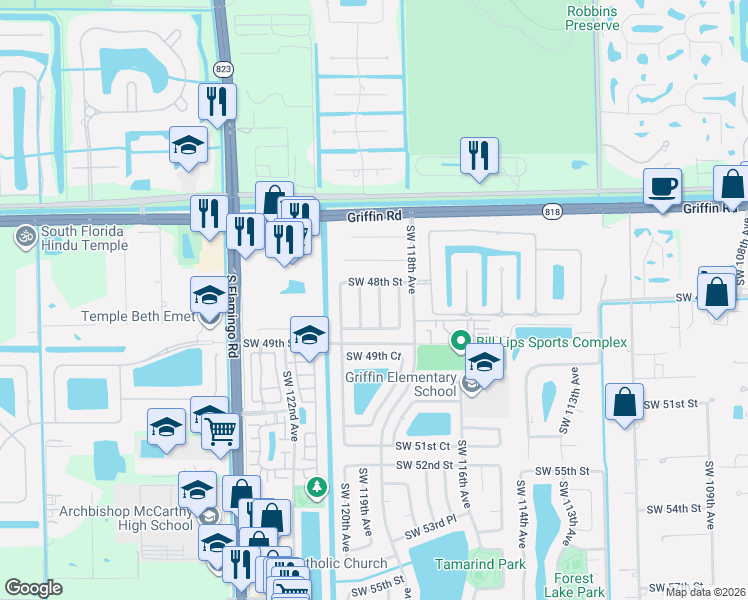 map of restaurants, bars, coffee shops, grocery stores, and more near 11808 Southwest 48th Street in Cooper City