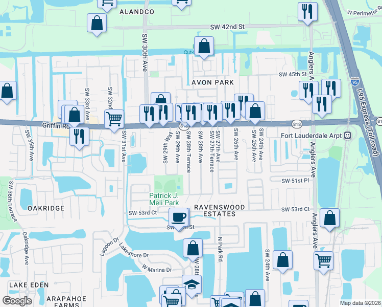 map of restaurants, bars, coffee shops, grocery stores, and more near 4900 Southwest 29th Avenue in Fort Lauderdale