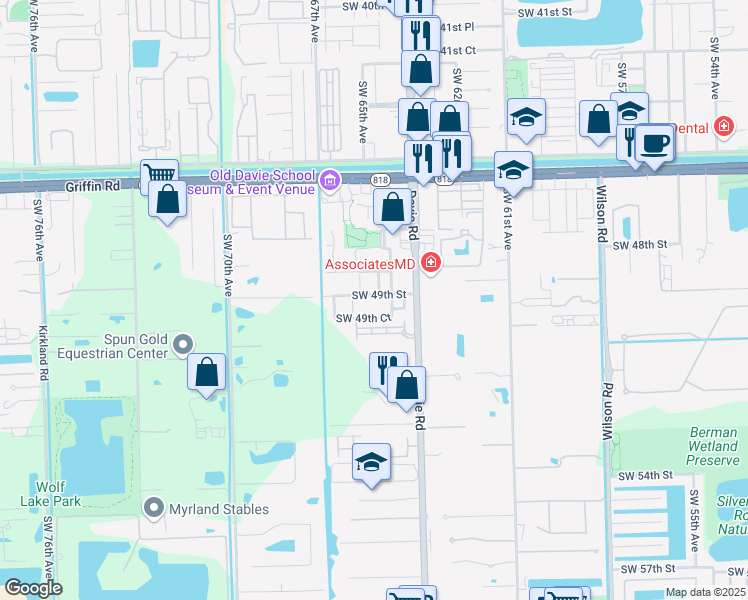 map of restaurants, bars, coffee shops, grocery stores, and more near 4875 Southwest 65th Avenue in Davie