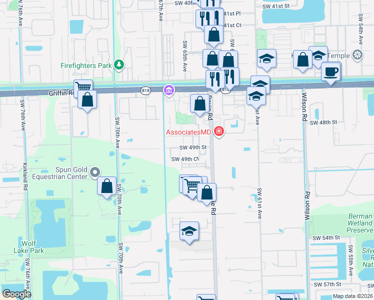 map of restaurants, bars, coffee shops, grocery stores, and more near 4875 Southwest 65th Avenue in Davie