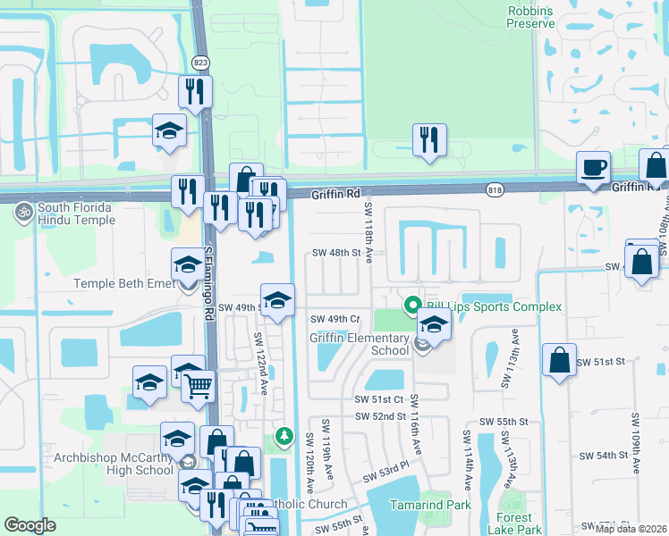 map of restaurants, bars, coffee shops, grocery stores, and more near 11808 Southwest 48th Street in Cooper City