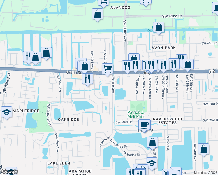 map of restaurants, bars, coffee shops, grocery stores, and more near 3144 Southwest 49th Street in Fort Lauderdale