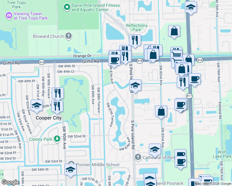 map of restaurants, bars, coffee shops, grocery stores, and more near 5012 Southwest 87th Avenue in Cooper City