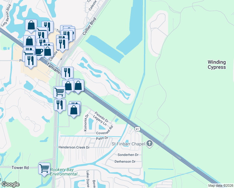 map of restaurants, bars, coffee shops, grocery stores, and more near 6740 Beach Resort Drive in Naples