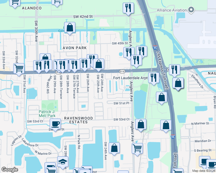 map of restaurants, bars, coffee shops, grocery stores, and more near 4926 Leeward Lane in Fort Lauderdale