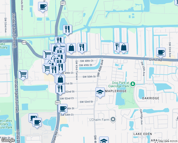 map of restaurants, bars, coffee shops, grocery stores, and more near 4212 Southwest 49th Street in Fort Lauderdale