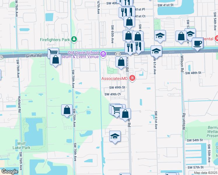 map of restaurants, bars, coffee shops, grocery stores, and more near 6622 Southwest 48th Street in Davie