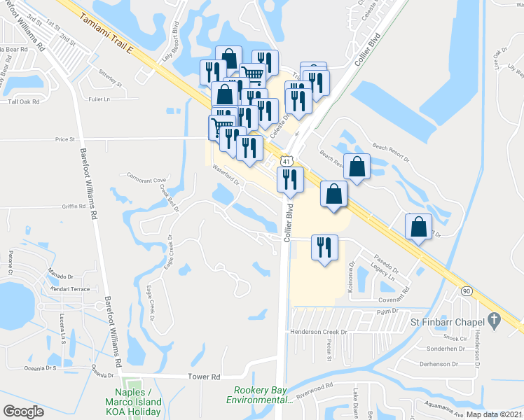 map of restaurants, bars, coffee shops, grocery stores, and more near 6665 Collier Boulevard in Naples