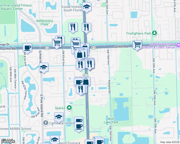 map of restaurants, bars, coffee shops, grocery stores, and more near 4900 South University Drive in Davie