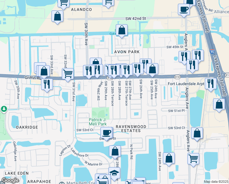 map of restaurants, bars, coffee shops, grocery stores, and more near 4930 Southwest 28th Avenue in Fort Lauderdale
