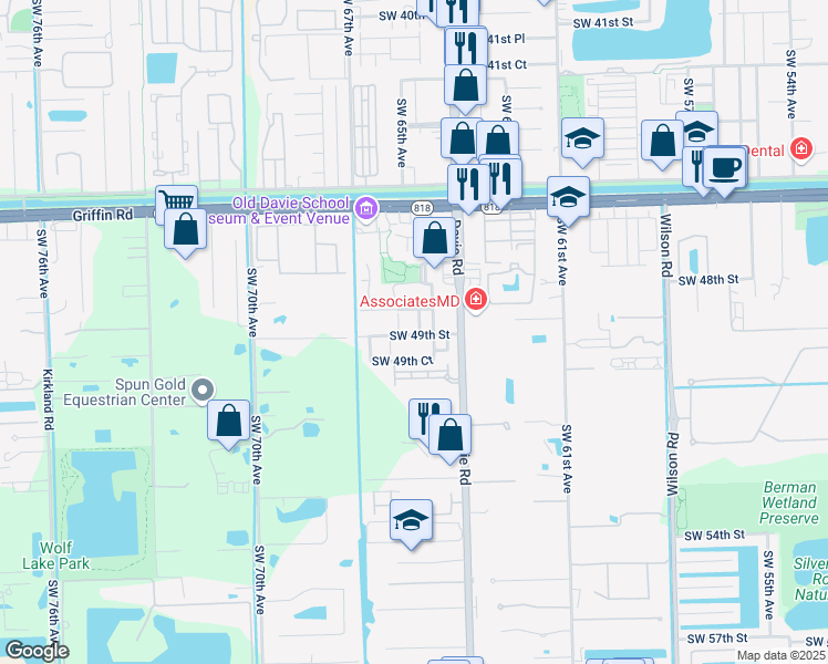 map of restaurants, bars, coffee shops, grocery stores, and more near 4875 Southwest 65th Avenue in Davie