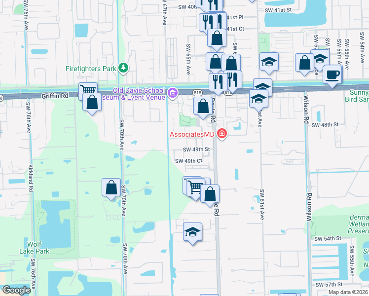 map of restaurants, bars, coffee shops, grocery stores, and more near 6622 Southwest 48th Street in Davie