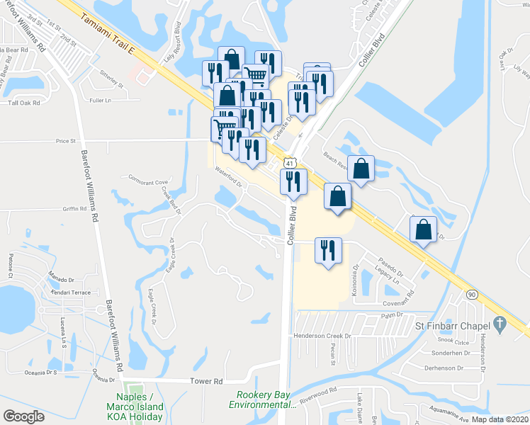 map of restaurants, bars, coffee shops, grocery stores, and more near 6665 Collier Boulevard in Naples