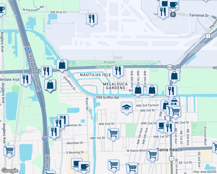 map of restaurants, bars, coffee shops, grocery stores, and more near 789 Northwest 12th Avenue in Dania Beach