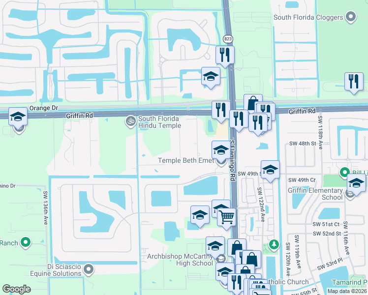 map of restaurants, bars, coffee shops, grocery stores, and more near 4720 Southwest 128th Avenue in Southwest Ranches