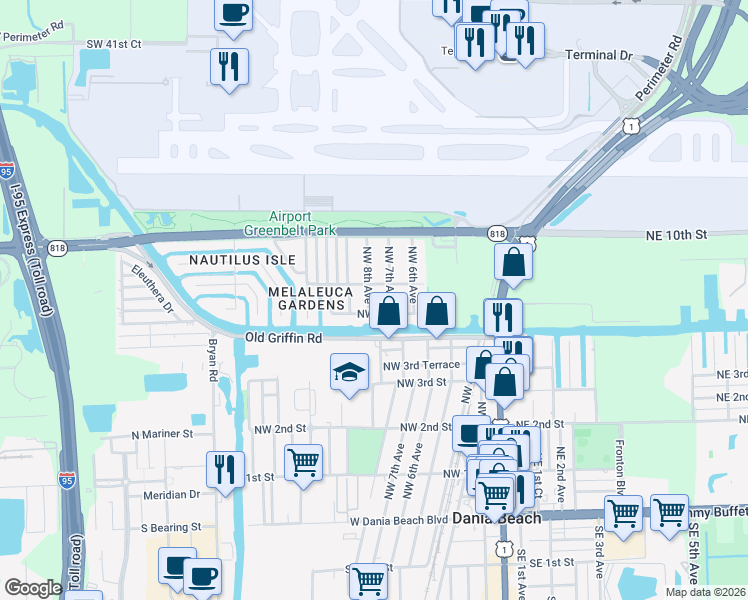 map of restaurants, bars, coffee shops, grocery stores, and more near 719 Northwest 8th Avenue in Dania Beach