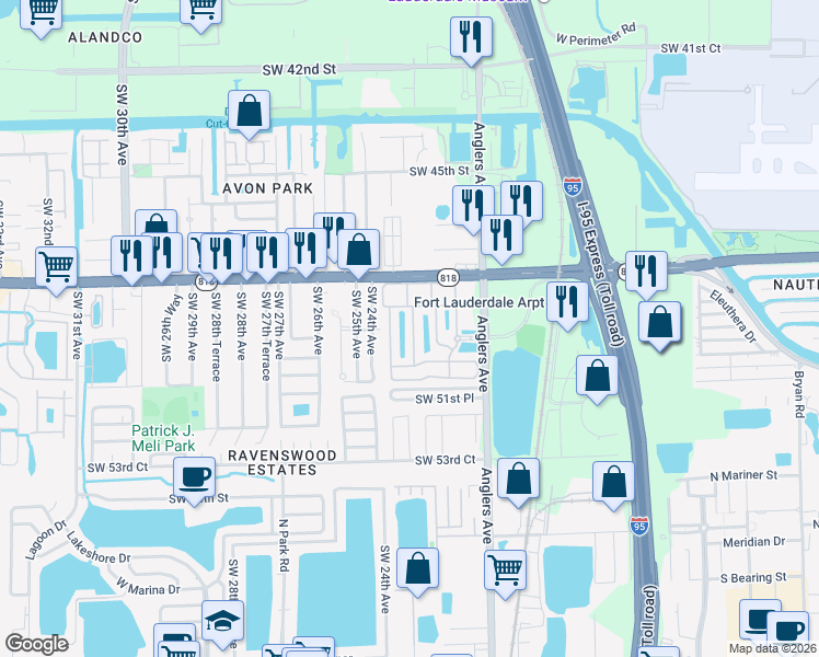 map of restaurants, bars, coffee shops, grocery stores, and more near 4926 Leeward Lane in Fort Lauderdale