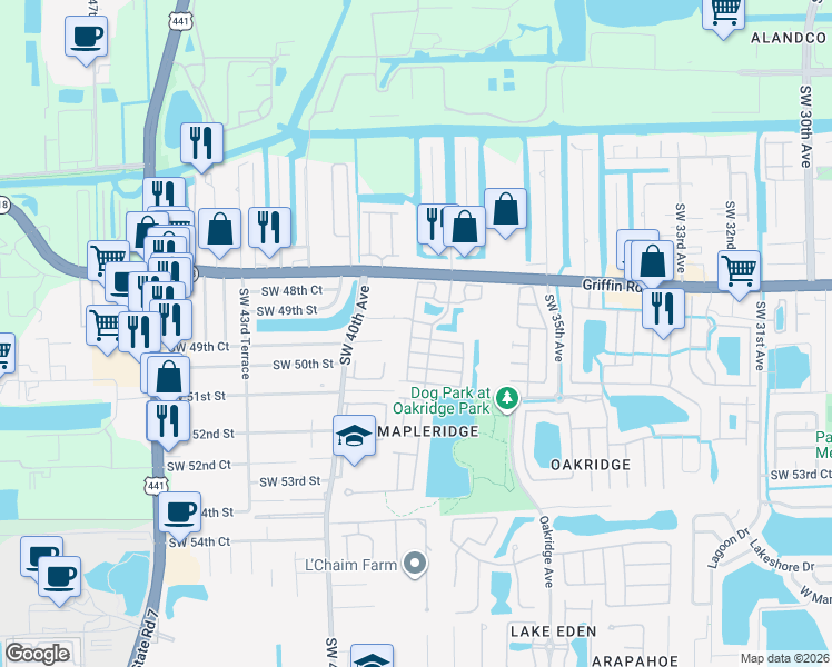 map of restaurants, bars, coffee shops, grocery stores, and more near 3822 Southwest 49th Court in Fort Lauderdale