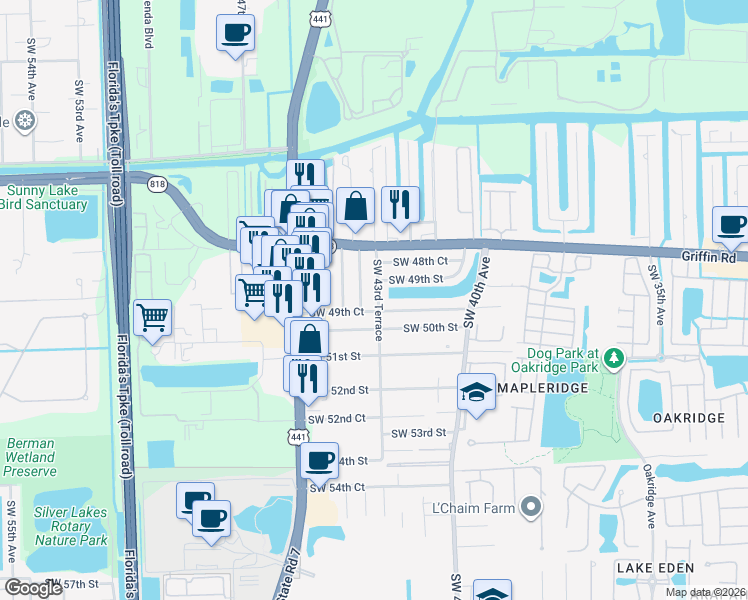 map of restaurants, bars, coffee shops, grocery stores, and more near 4924 Southwest 44th Avenue in Fort Lauderdale