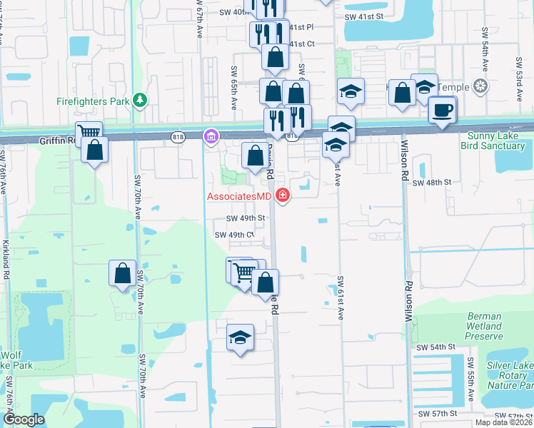 map of restaurants, bars, coffee shops, grocery stores, and more near in Davie