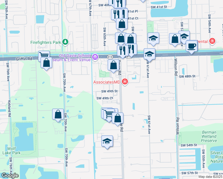 map of restaurants, bars, coffee shops, grocery stores, and more near 4875 Southwest 65th Avenue in Davie