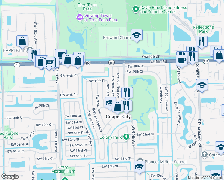 map of restaurants, bars, coffee shops, grocery stores, and more near 4973 Southwest 90th Way in Cooper City
