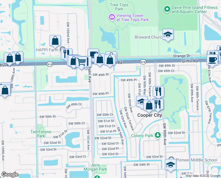 map of restaurants, bars, coffee shops, grocery stores, and more near 4982 Southwest 94th Avenue in Cooper City