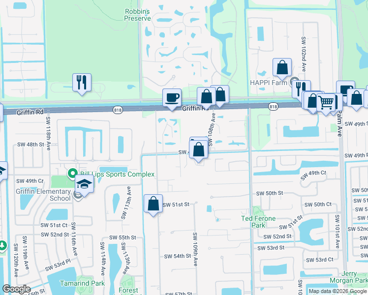 map of restaurants, bars, coffee shops, grocery stores, and more near 11000 Southwest 48th Street in Davie